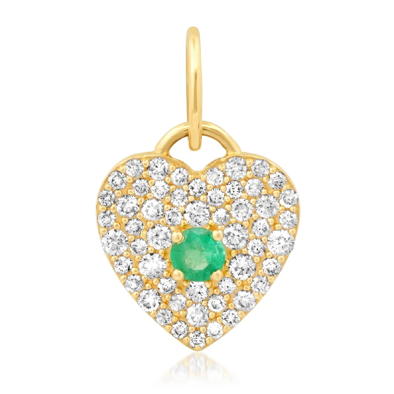 Women’s moissanite engagement rings-EMERALD CENTER DIAMOND HEART CHARM, 14kt GOLD