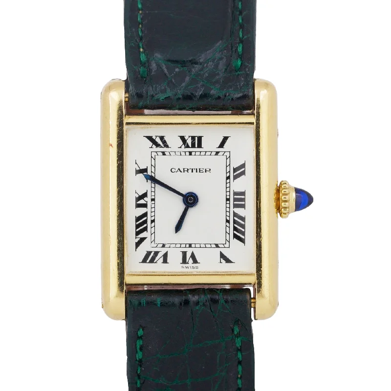 Unisex luxury metal watches-VINTAGE Ladies Cartier Tank Louis 18k Gold Green Leather 78087 21mm Manual Watch