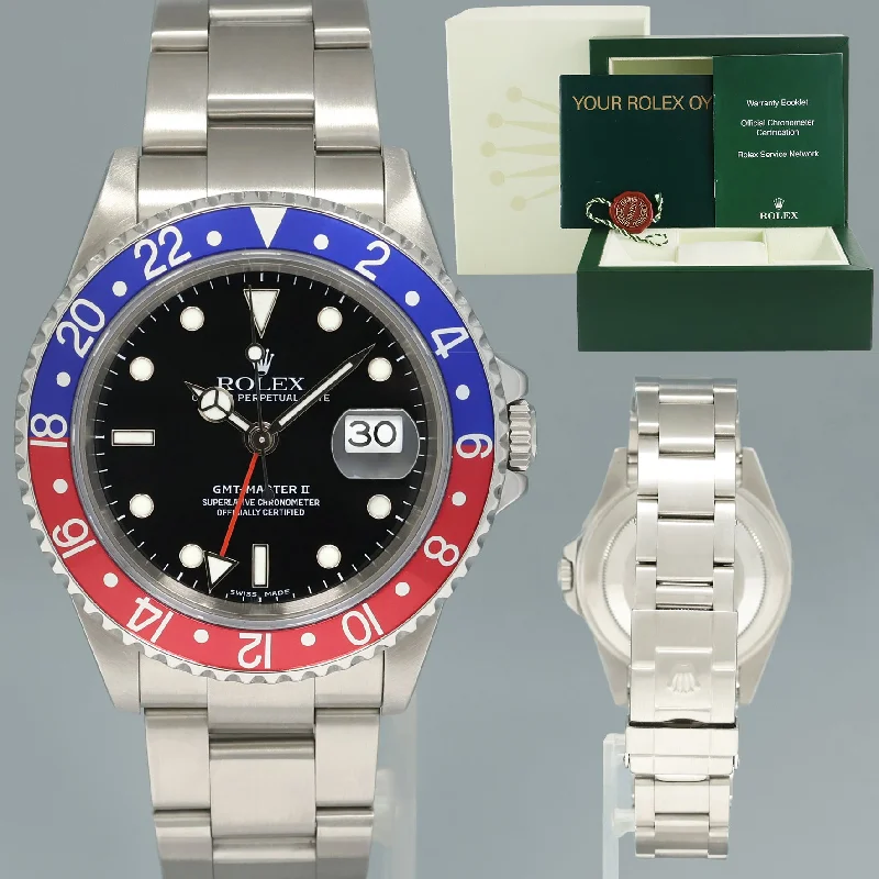 Unisex multi-function watches-MINT 1999 Rolex GMT-Master II 2 Pepsi Blue Red Steel 16710 Watch Black Watch Box