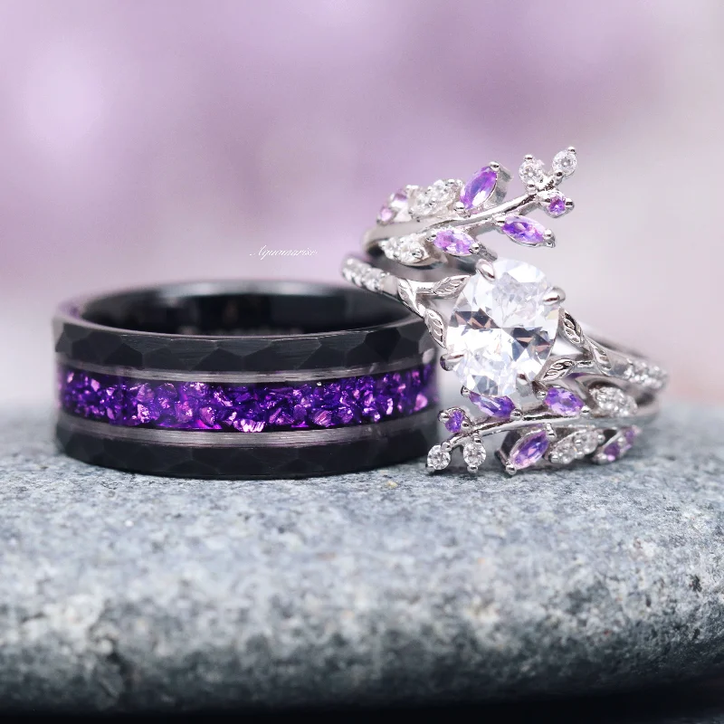 Women’s diamond solitaire engagement rings-Amethyst & Diamond (cz) Leaf Couples Ring