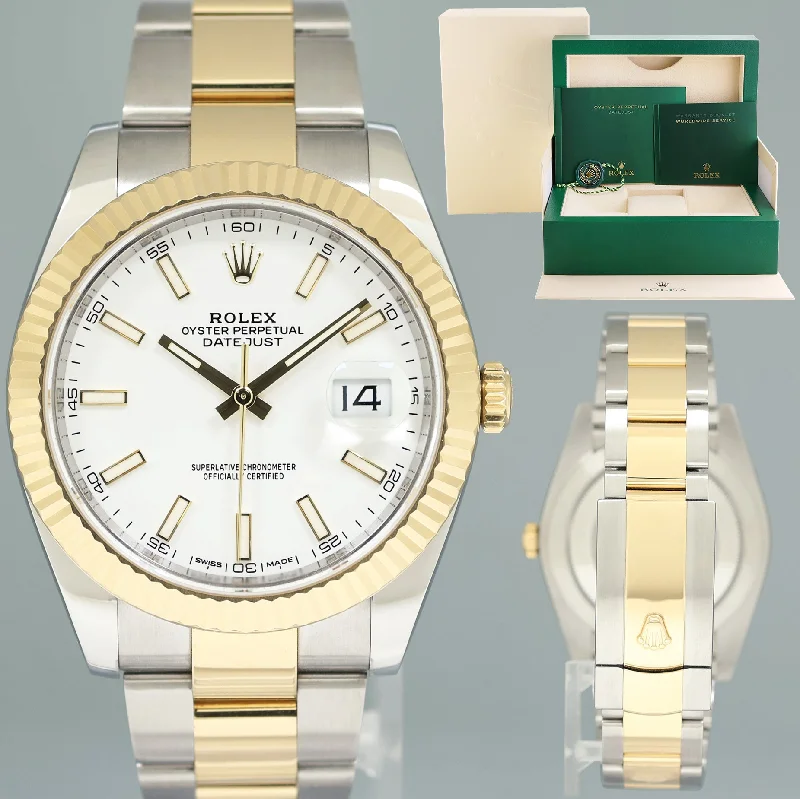 Unisex retro style watches-MINT 2020 Rolex DateJust 41 126333 Two Tone Yellow Gold White Stick Watch Box