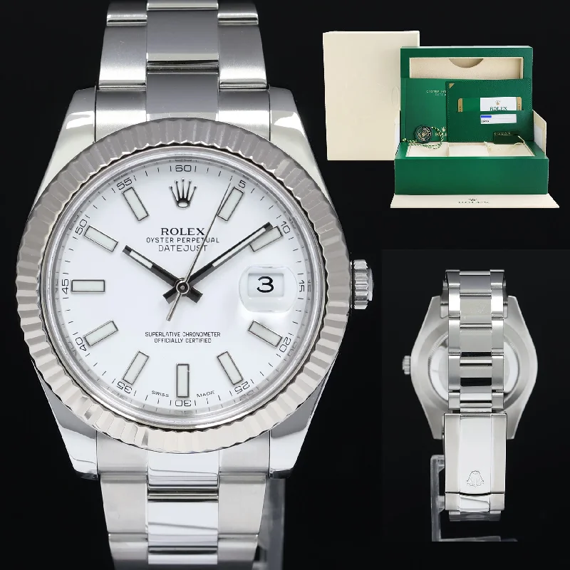 Unisex designer watches-MINT PAPERS Rolex Datejust 2 41MM White Stick 116334 White Gold Fluted Watch