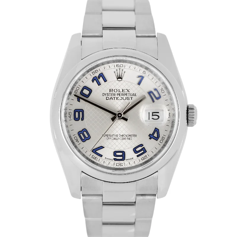 Unisex silver metal watches-Rolex DateJust 36 Steel Silver CONCENTRIC Blue Arabic 36mm 116200 Watch