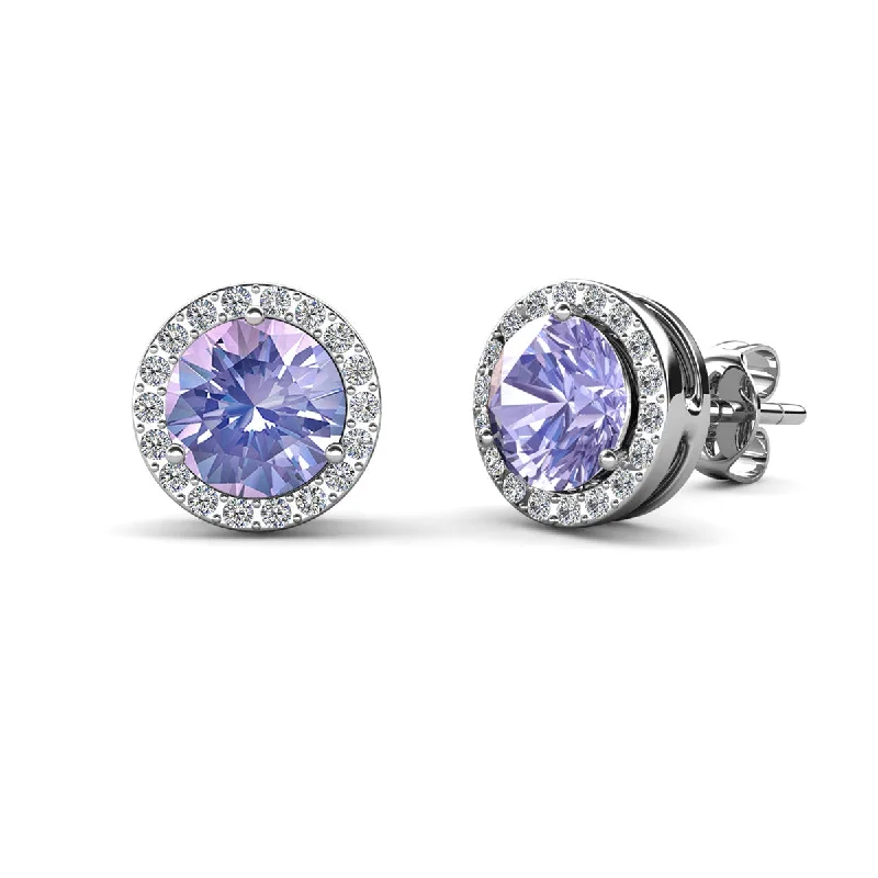 Women’s silver dangly earrings-Royal 18k White Gold Plated June Birthstone Halo Earrings with Round Cut Alexandrite Swarovski Crystals