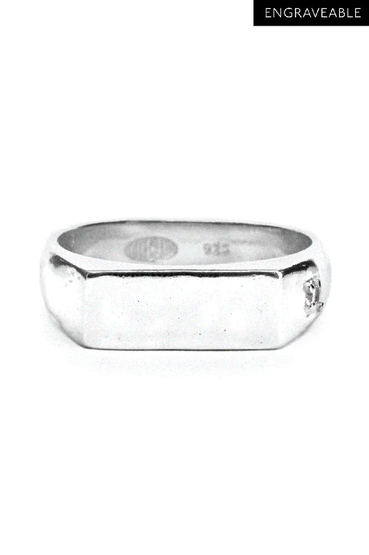 Women’s shiny silver rings-Year Signet Ring - White Sapphire