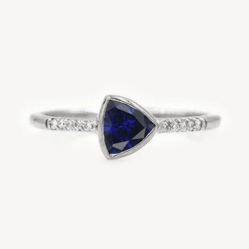 Women’s intricate rings-Trillion Sapphire and Diamonds Ring - White Gold