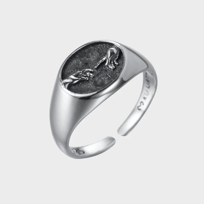 Women’s shiny silver rings-The creation of Adam - Seal Ring