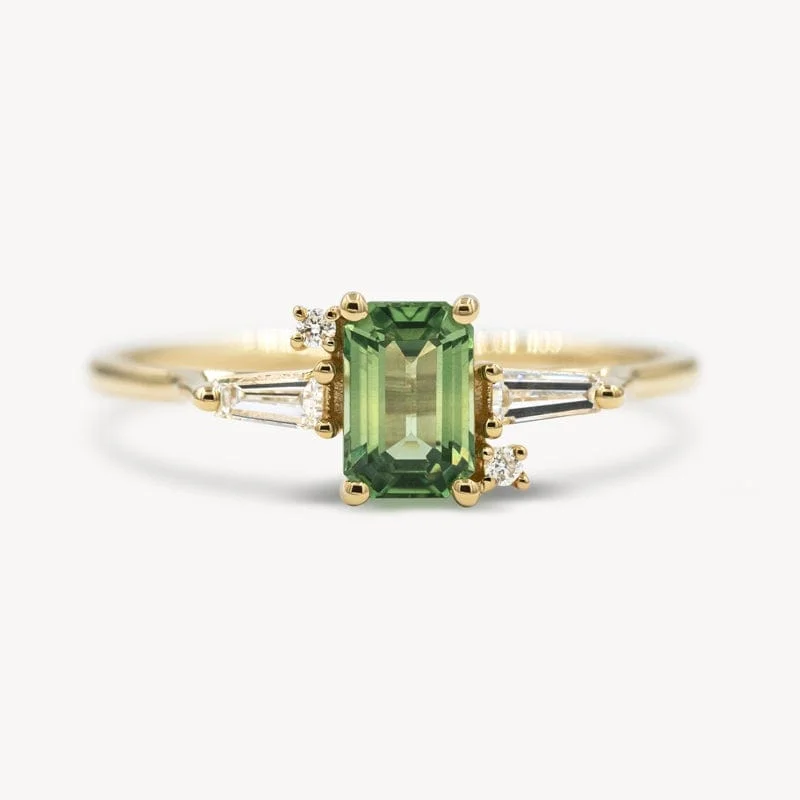 Women’s pearl rings-Emerald Cut Geo Green Sapphire and Diamond Ring