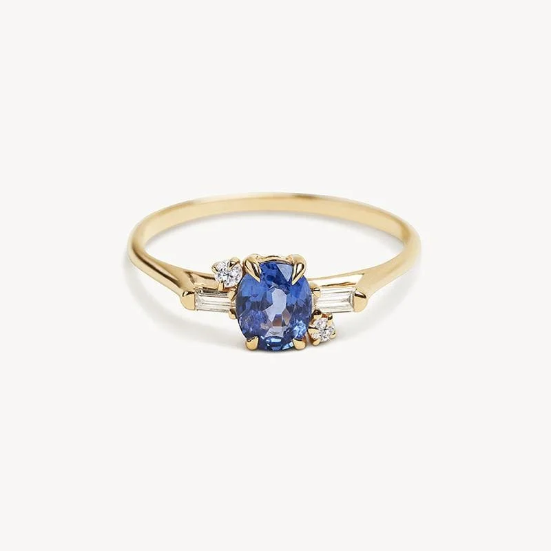 Women’s pink gold rings-Oval Geo Blue Sapphire and Diamond Ring