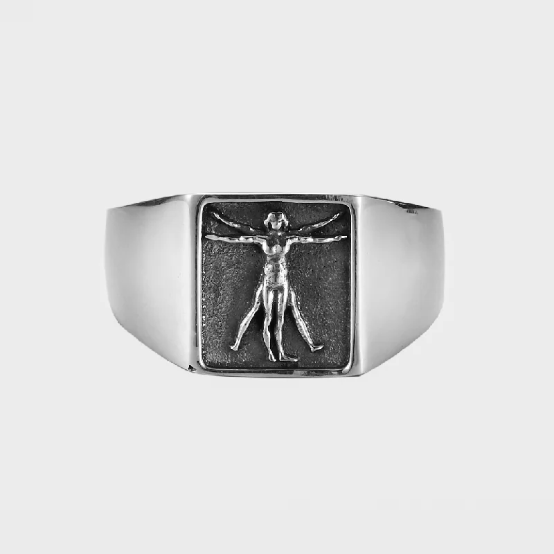 Women’s silver heart-shaped rings-Vitruvian Man - Ring V2