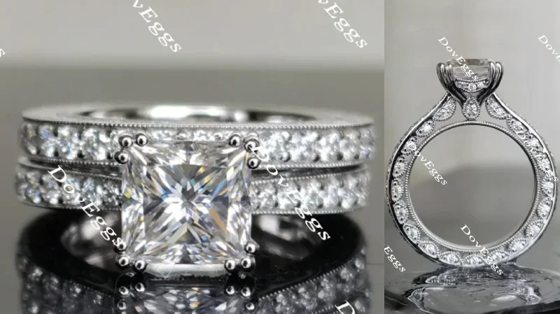 Women’s floral design rings-Doveggs princess full eternity pave moissanite bridal set (2 rings)