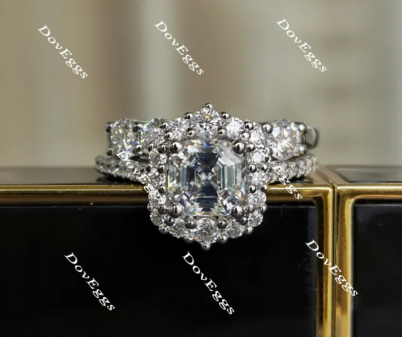 Women’s vintage engagement rings-doveggs asscher halo moissanite bridal set (2 rings)