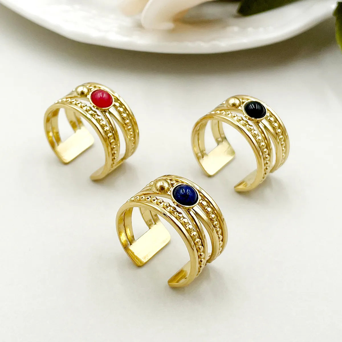 Women’s luxury rings-304 Stainless Steel 14K Gold Plated Simple Style Layered Plating Inlay Natural Stone Open Rings