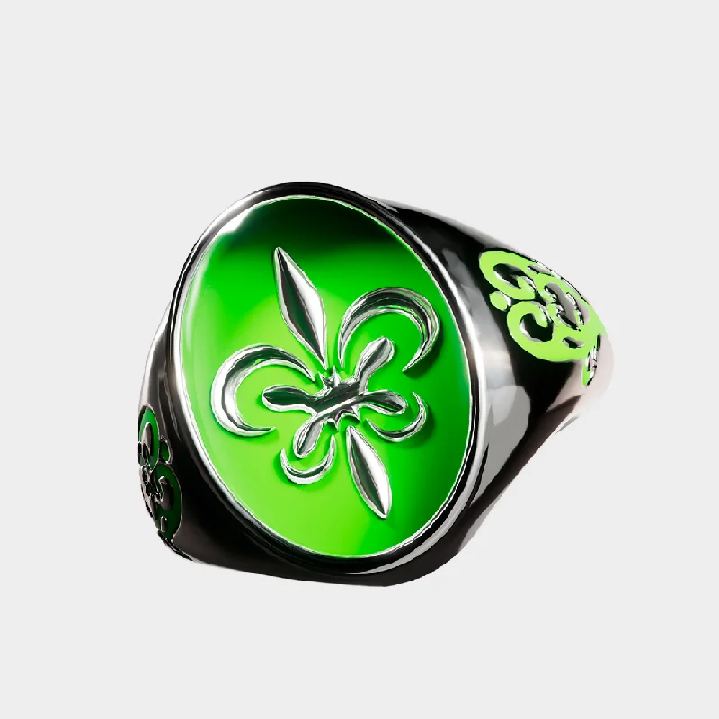 Women’s pearl-accented rings-Fleur de Lis - Green Ring