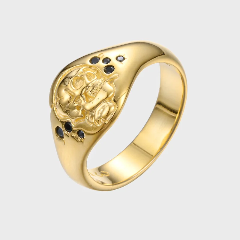 Women’s unique rings-Skull of a Skeleton with Burning Cigarette - Gold Ring BE