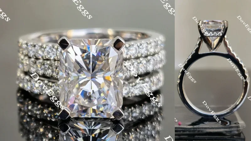 Women’s blue diamond rings-The Karen half eternity paved radiant moissanite bridal set (3 rings)